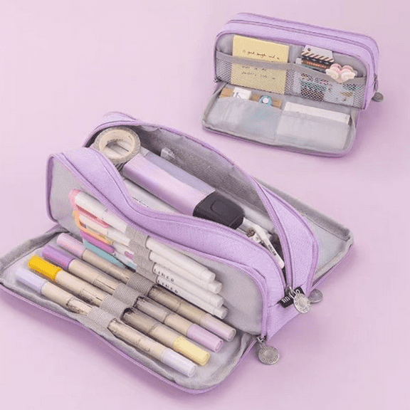 Bxaolu Pencil Case, Large Capacity Pencil Pouch Pen Bag with 3 Compartments, Portable Oxford Pen Organizer with Zipper, Cute Pencil Pouch Bag, Purple