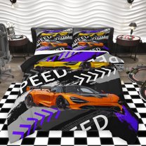 Homewish Extreme Sports Game Full Size Comforter Sets,Speed Race Car Bedding Comforter Set,Purple Orange Yellow Bedding Sets For Boys Kids,Microfiber Bedroom Decor Reversible,3-Piece