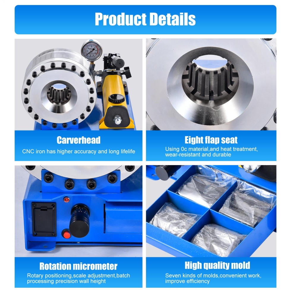 Industrial Hose Crimping Tool, Hydraulic Handheld Crimper with 8 Dies, 0.39"-1.22" Diameter Range for Various Applications