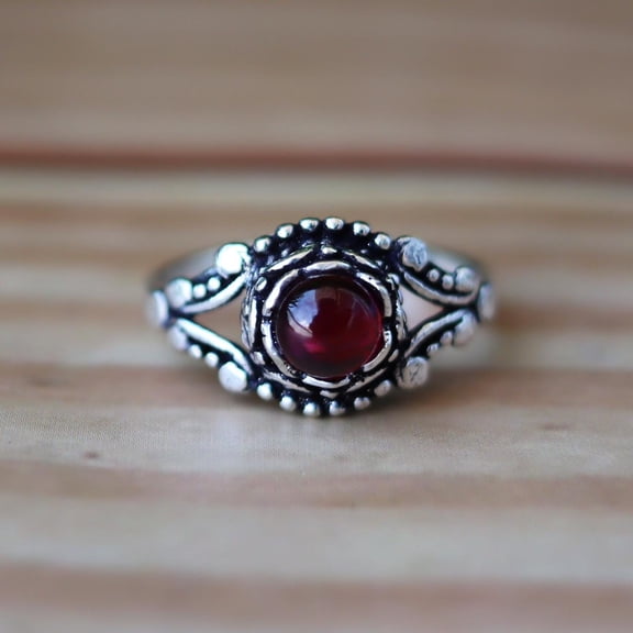 Divya Shakti Red Garnet Ring, January Birthstone Ring, 925 Sterling Silver Ring, Round Cut Gemstone Ring, Designer Ring, Silver Oxidized Ring, Boho Ring*