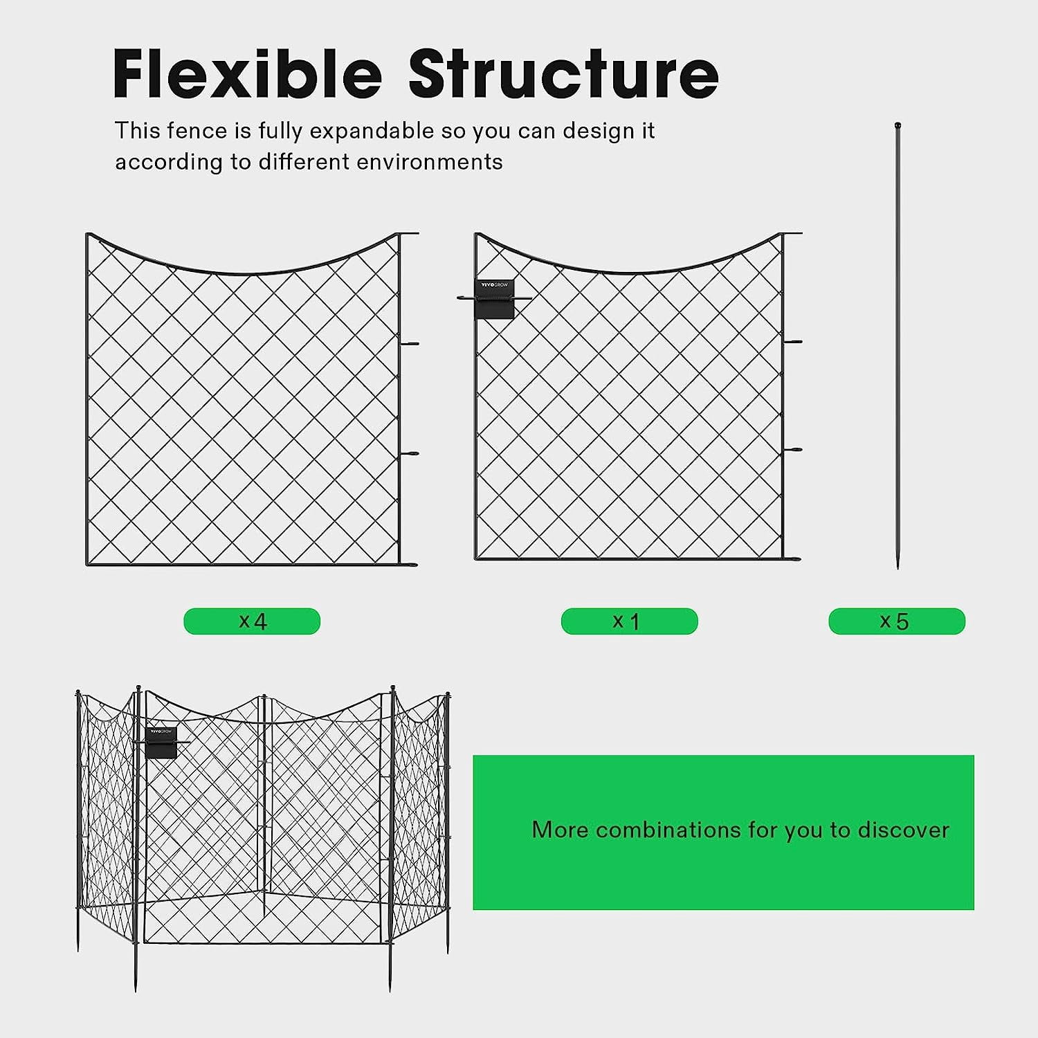 VIVOSUN Decorative Garden Fence, 27.4” (L)× 32.9” (H) No-Dig Metal Fencing and Gate Bundle, 4 Panels + 1 Gate, for Yard Landscape Patio Outdoor Decor
