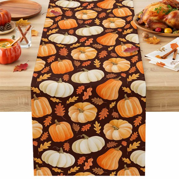 Fall Thanksgiving Table Runner, Farmhouse Autumn Pumpkin Maple Leaf Retro Decorative Table Runner for Kitchen, Dining‑Room, Banquet and Holiday Party, 13x36 Inch