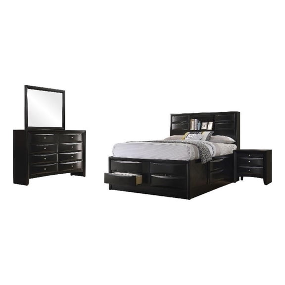 Benjara 4pc Queen Bedroom Set with Storage Headboard and Footboard- Black
