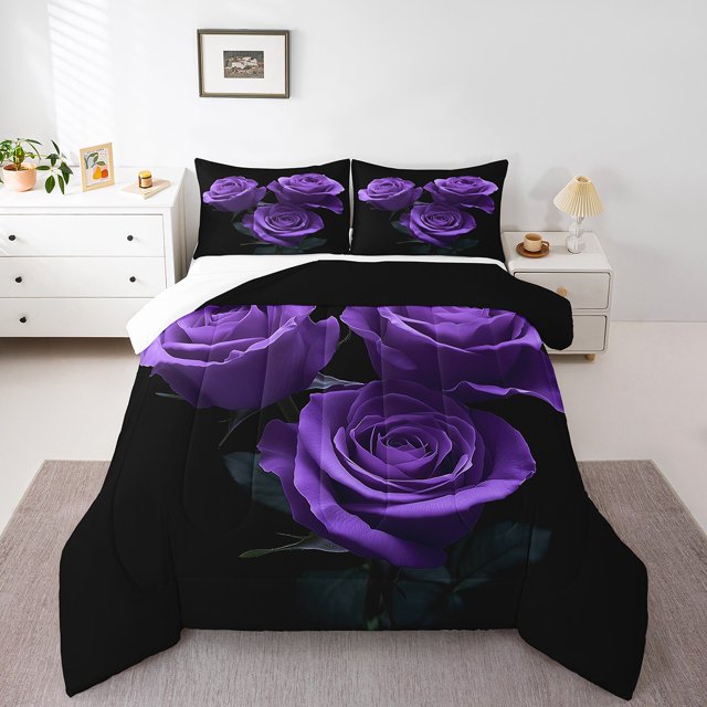 Erosebridal Purple Rose Bedding Twin Comforter Set,Romantic Flower Down Comforter,Floral Decor,Lightweight,2-Piece
