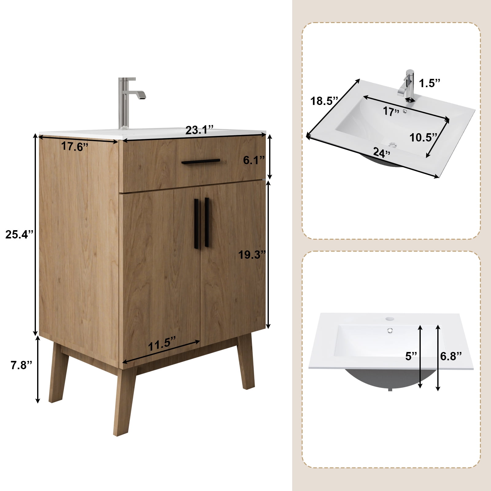 24" Bathroom Vanity with Sink, Vanity Combo with Two Soft Close Cabinet Doors, Modern Single Bathroom Cabinet Set with Metal Handles (Brown with Sink, 24)