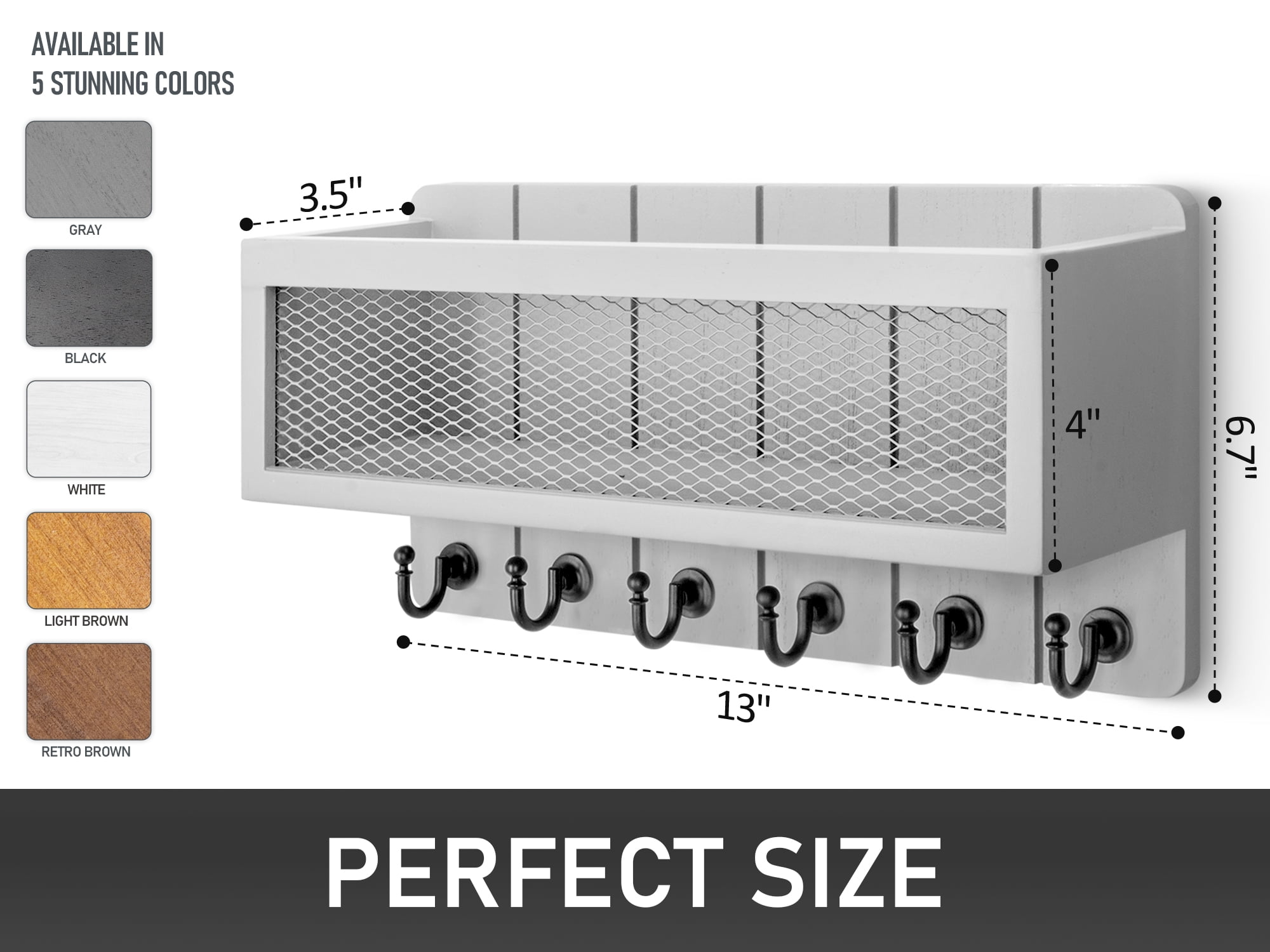Rebee Vision Mail Holder for Wall - Mail Organizer with Mesh Basket and 6 Key Hooks (Gray, 13inch)