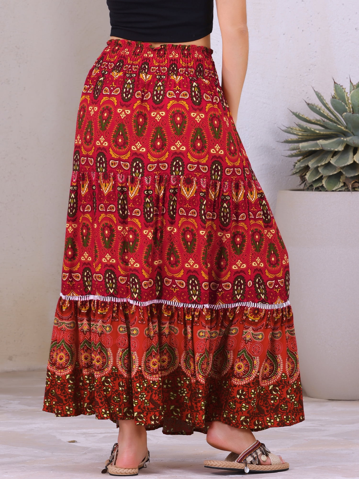 DARING DIVA Women's Boho Floral Smocked High Waist A Line Maxi Skirts XS Red