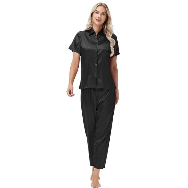 Women's Pajama Set: Short-sleeved Silk Top and Pants, Button-down Two-Piece Pajama/Loungewear Pink L