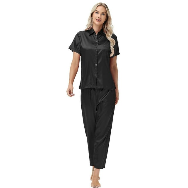 Women's Pajama Set: Short-sleeved Silk Top and Pants, Button-down Two-Piece Pajama/Loungewear Pink L