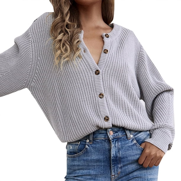 Gibobby Casual Suéter para Mujer, Suéter Ligero con Cuello en V Suéter pulóver para Mujer(Gris,M)