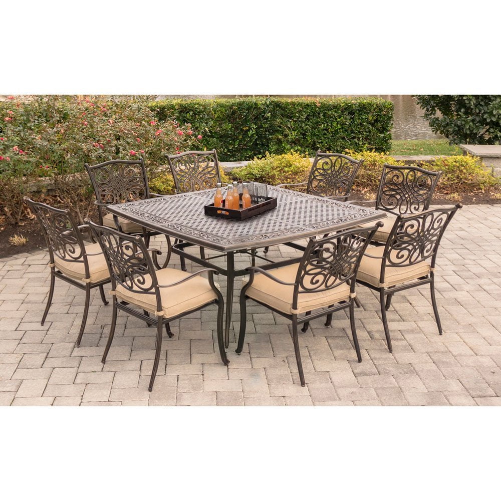 Hanover Outdoor Traditions 9-Piece Dining Set with Large Square Table, Natural Oat/Bronze