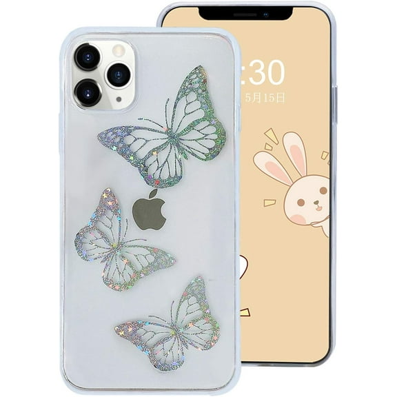 for iPhone 11 Pro Max Clear with Design Case, Glitter Bling Gradient Silver Laser Style Sparkly Cute Leaves Lovely Butterfly Flexible Soft Slim Rubber TPU Bumper Girls Protective Case