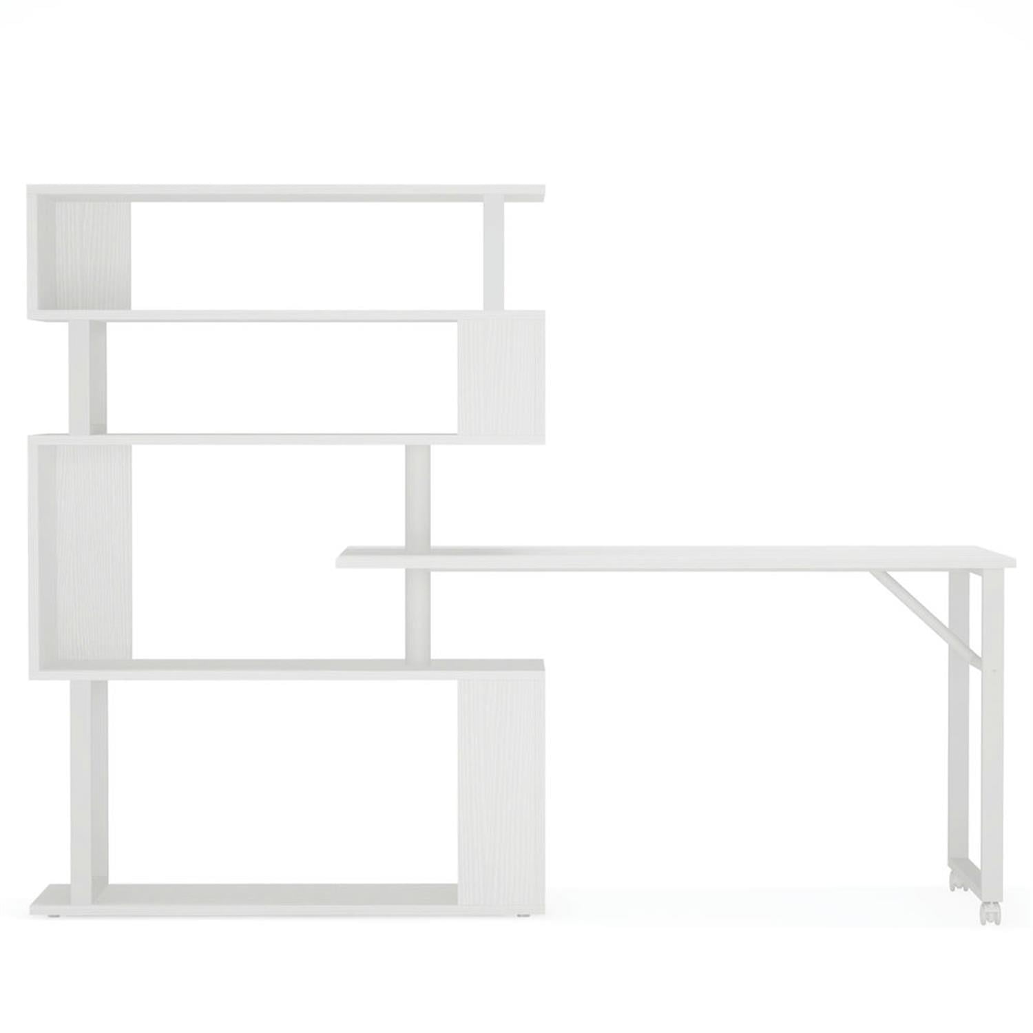 Demi Bonn 47" Rotating Computer Desk with 5-Tier Bookshelf and Wheels, Modern Reversible Study Writing Gaming Table for Home Office, White