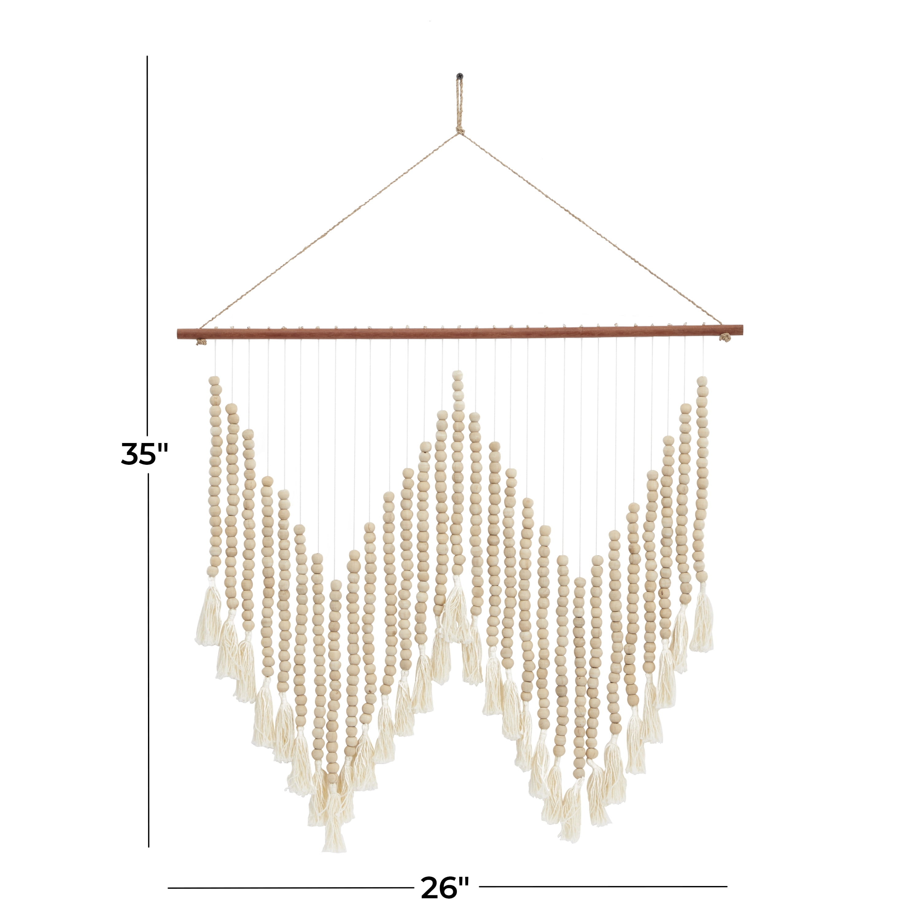 DecMode White Wood Beaded Macrame Wall Decor with Fringe Tassels