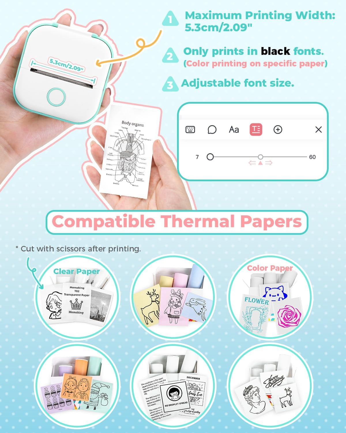 Mini Sticker Printer - T02 Mini Printer Portable Thermal Printer Inkless Sticker Maker Machine Bluetooth Pocket Printer Phone Printer for Study Graphics, Anatomical Diagrams