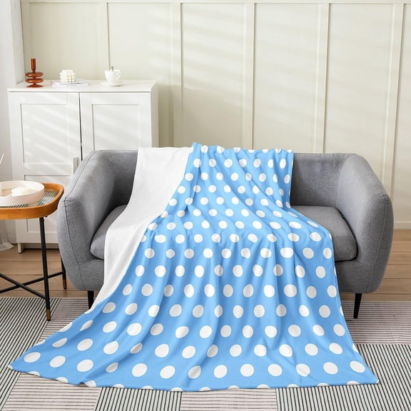 Light Blue White Large Polka Dot Throw Blanket For Modern Decor