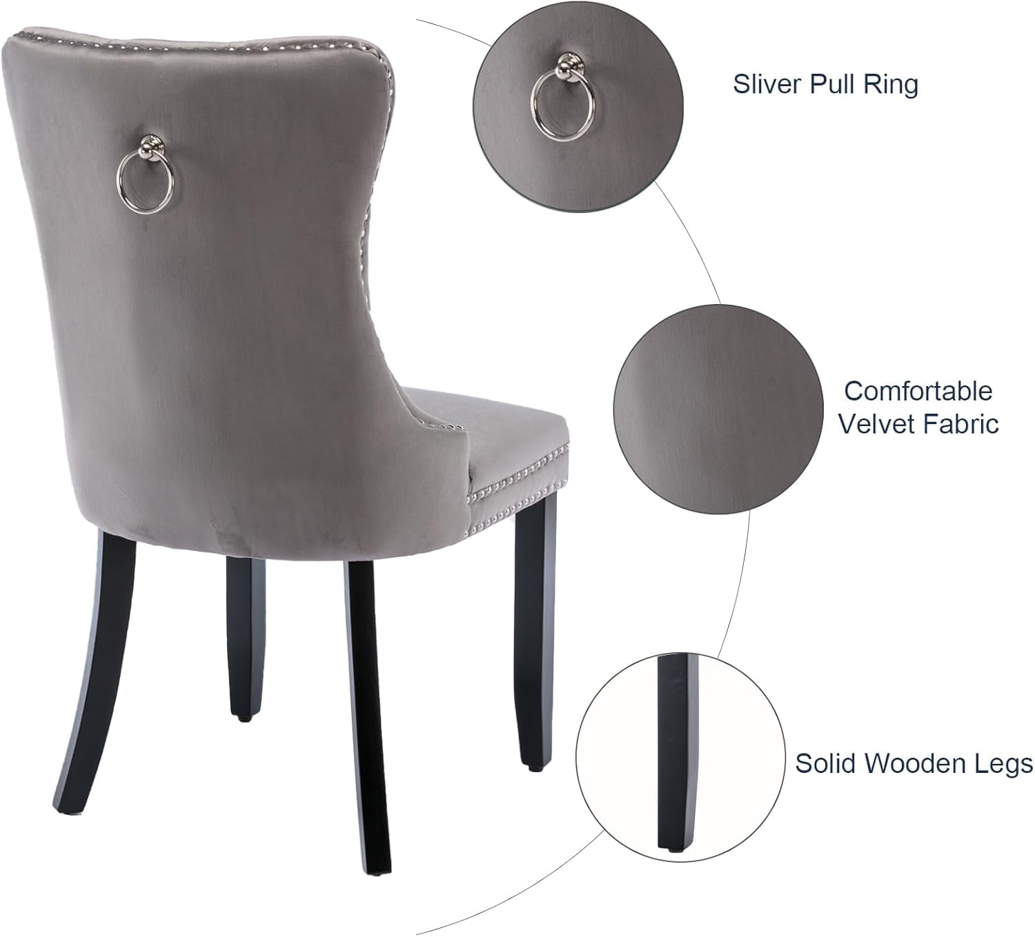 MOONMISS Dining Chairs 2-Pcs Set, High-end Velvet Upholstered Accent Chairs Button Tufted Dining Chairs with Back Ring Pull and Nailhead Trim,Gray