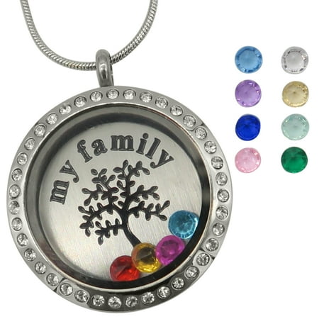 - Evelots Family Tree of Life Floating Charm Locket Necklace, 12 Birthstones