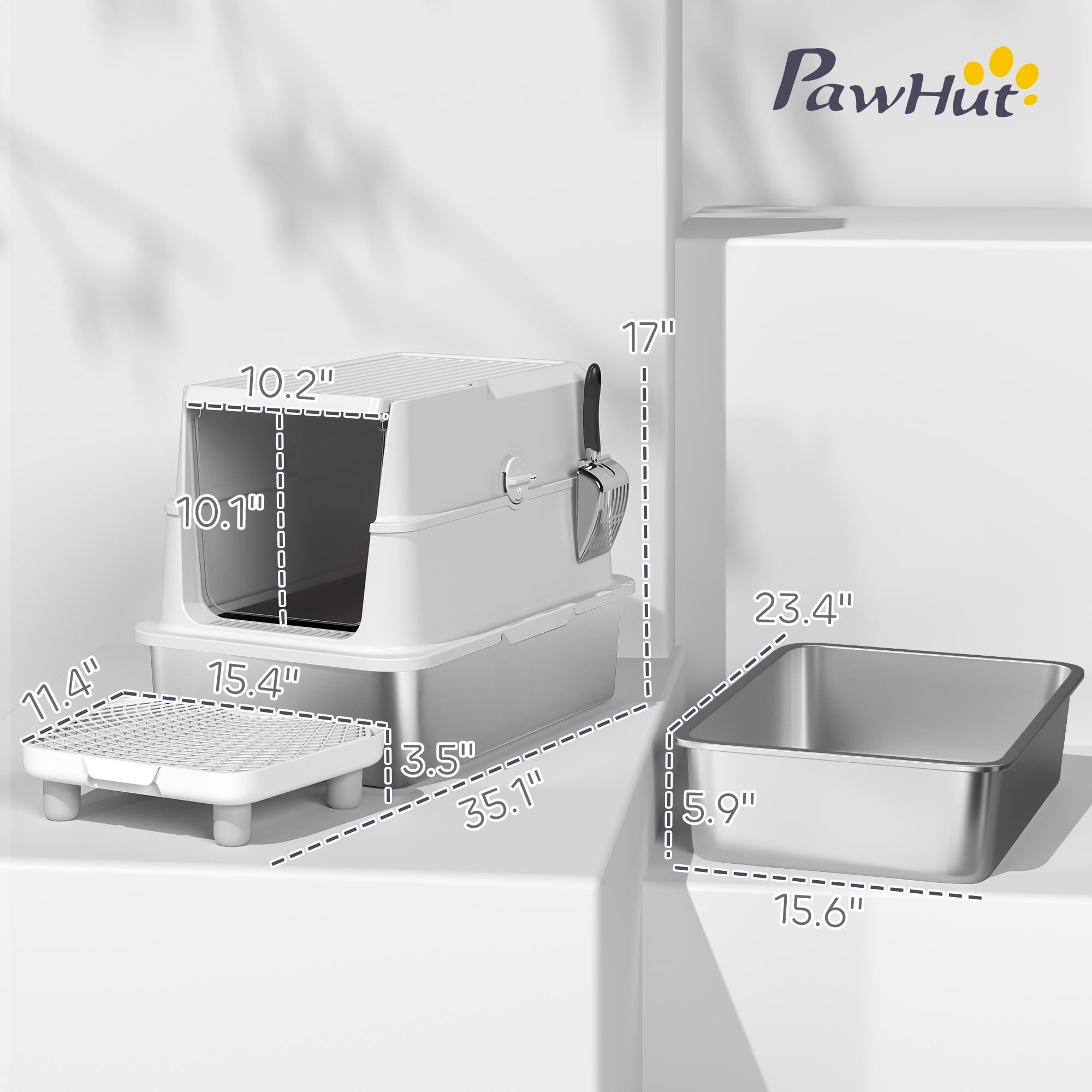 PawHut Stainless Steel Cat Litter Box with Lid, Extra Large Enclosed Metal Litter Box for Big Cats, Flip Cover, High-Sided Enclosure & Scoop