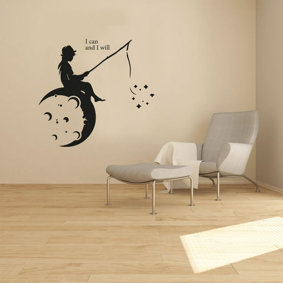 I Can And I Will Life Motivation Quote Moon Silhouette Star Fishing Little Girl Kid Beautiful Design Vinyl Wall Sticker Wall Art Wall Decal Boys Girls Kids Bedroom Home Decoration Size (10x10 inch)