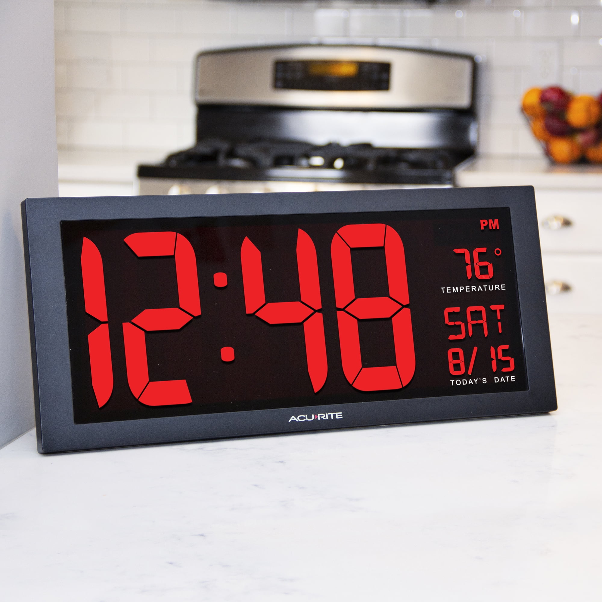 AcuRite Large 14.5" Digital LED Oversized Wall Clock with Date, Temperature and Fold-Out Stand, Red