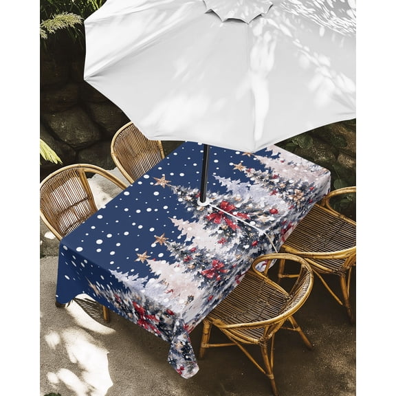 Outdoor Tablecloth with Umbrella Hole, Christmas Tree Winter Snowflake Zippered Table Cloth for Rectangle Tables, Christmas Bell Navy Blue Washable Waterproof Tablecloths for Picnic Patio Garden