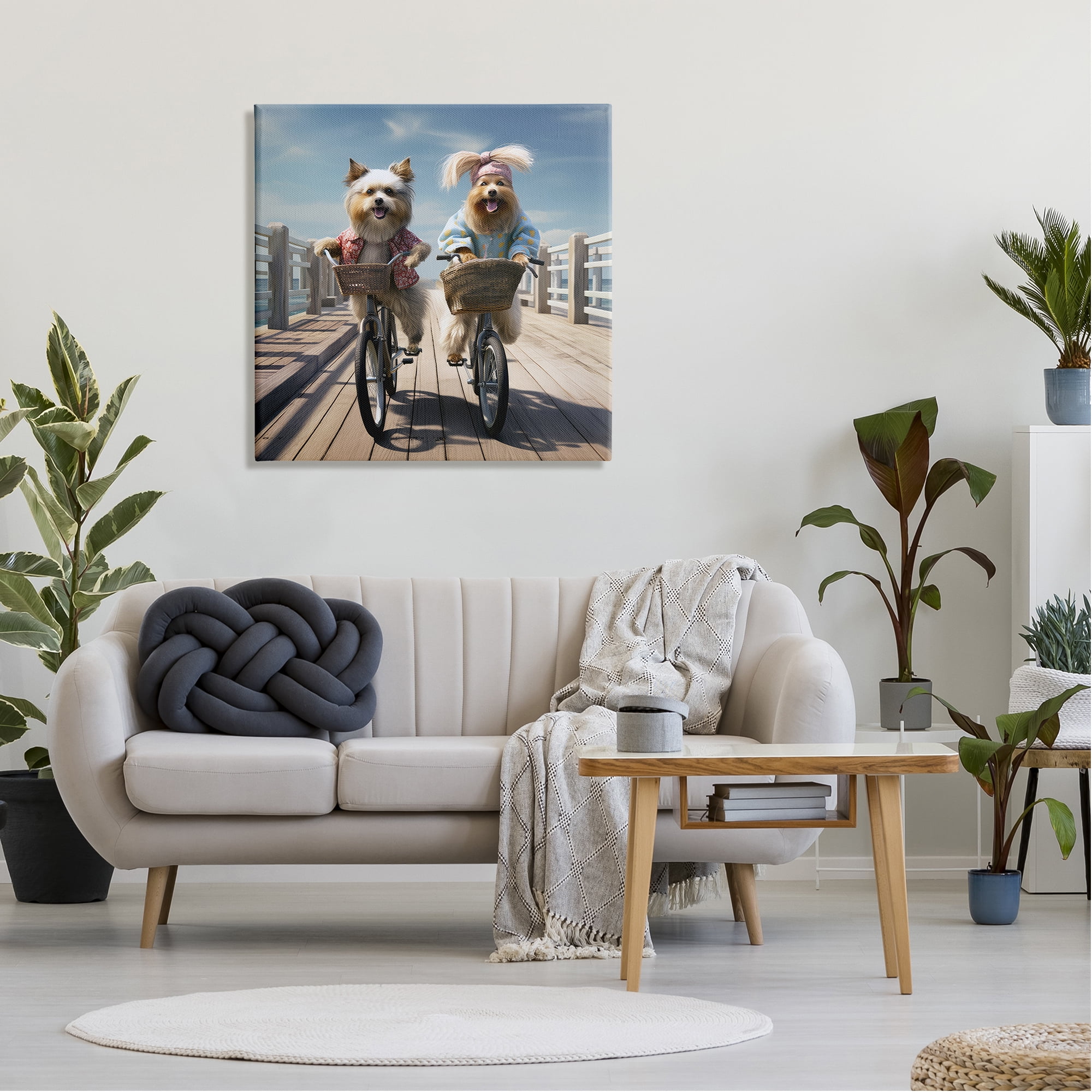 Stupell Industries Dogs on Bicycles on Pier Animals & Insects Painting Gallery Wrapped Canvas Art Print Wall Art, 30 x 30