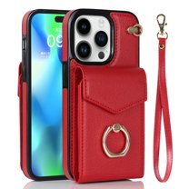 Decase Compatible with iPhone 14 Pro Max Case Wallet with Card Holder, 360°Rotation Finger Ring Holder Kickstand, RFID Blocking Leather Buttons Shockproof Wrist Strap Cover 6.7 Inch, Red