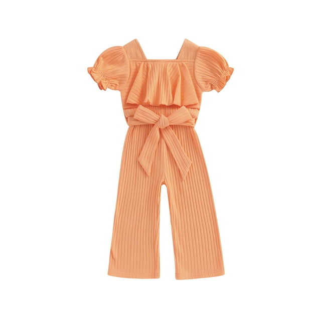 Faithtur Combinaison Longue Décontractée pour Filles Tout-Petits Couleur Unie Manches Courtes Ceinturée Vêtements d'Été