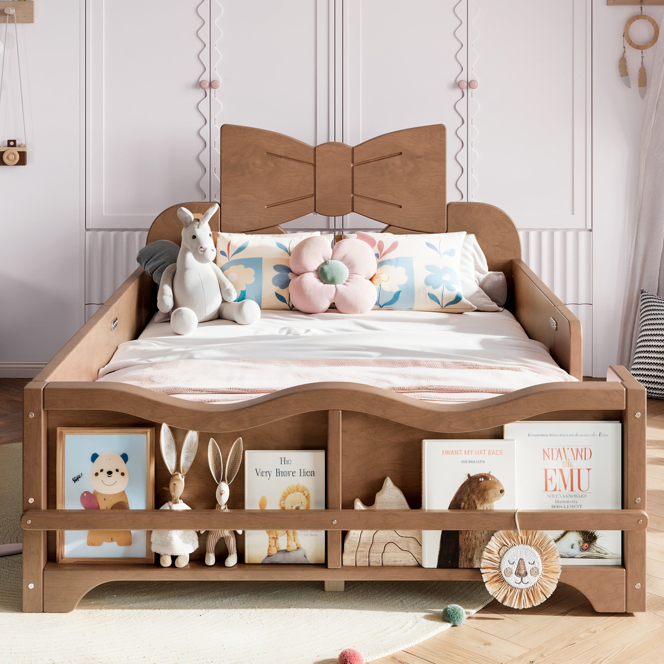 GDF Studio Twin Size Kids Platform Bed with Bowknot Headboard, Guardrails & Bookshelf, Brown