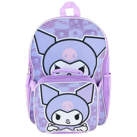 Hello Kitty Kuromi 16" Purple School Backpack and Rectangular Lunch Bag Attached