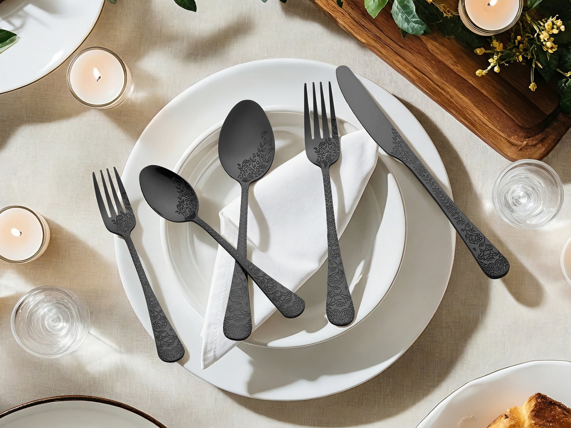 Unique Bargains 20 Pieces Stainless Steel Silverware Set for 4 Modern Cutlery Black