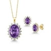 Gem Stone King 14.70 Ct Oval Purple Amethyst 18K Yellow Gold Plated Silver Pendant Earrings Set