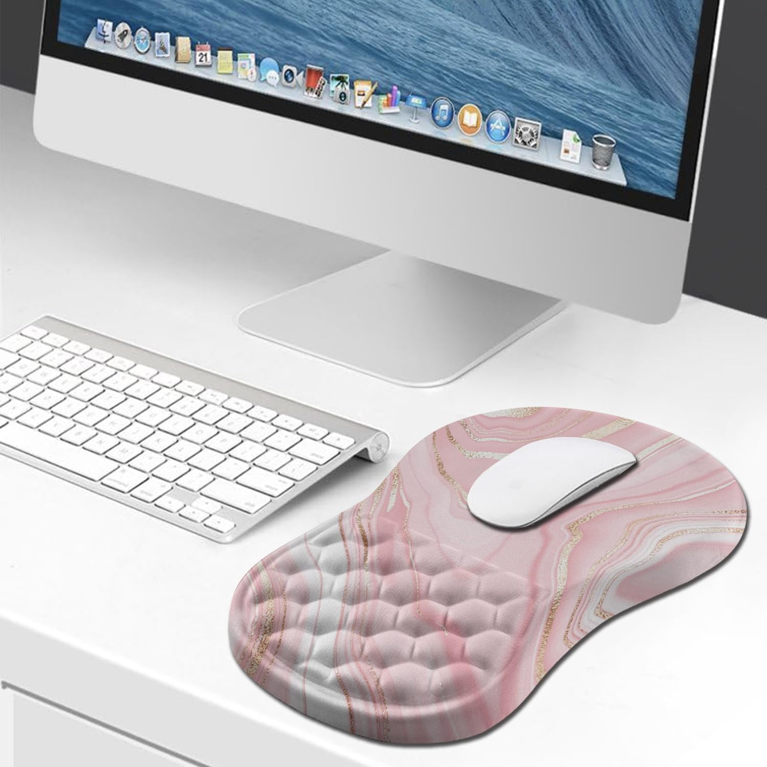 Ergonomic Mouse Pad Wrist Support, Wrist Rest Mousepad for Carpal Tunnel Pain Relief with Integrated Memory Foam Slope Massage Bulge (11.8x7.9 inch,Pink Fluid