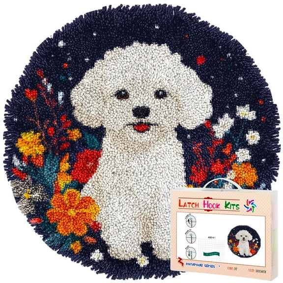 Latch Hook Rug Kit Bichon Frise Dog and Flowers Stamped Handmade Round Shape Carpet Crochet Yarn Craft DIY Hook and Latch Door Mat Tapestry for Christmas Home Floor Decor 50x50cm(1)