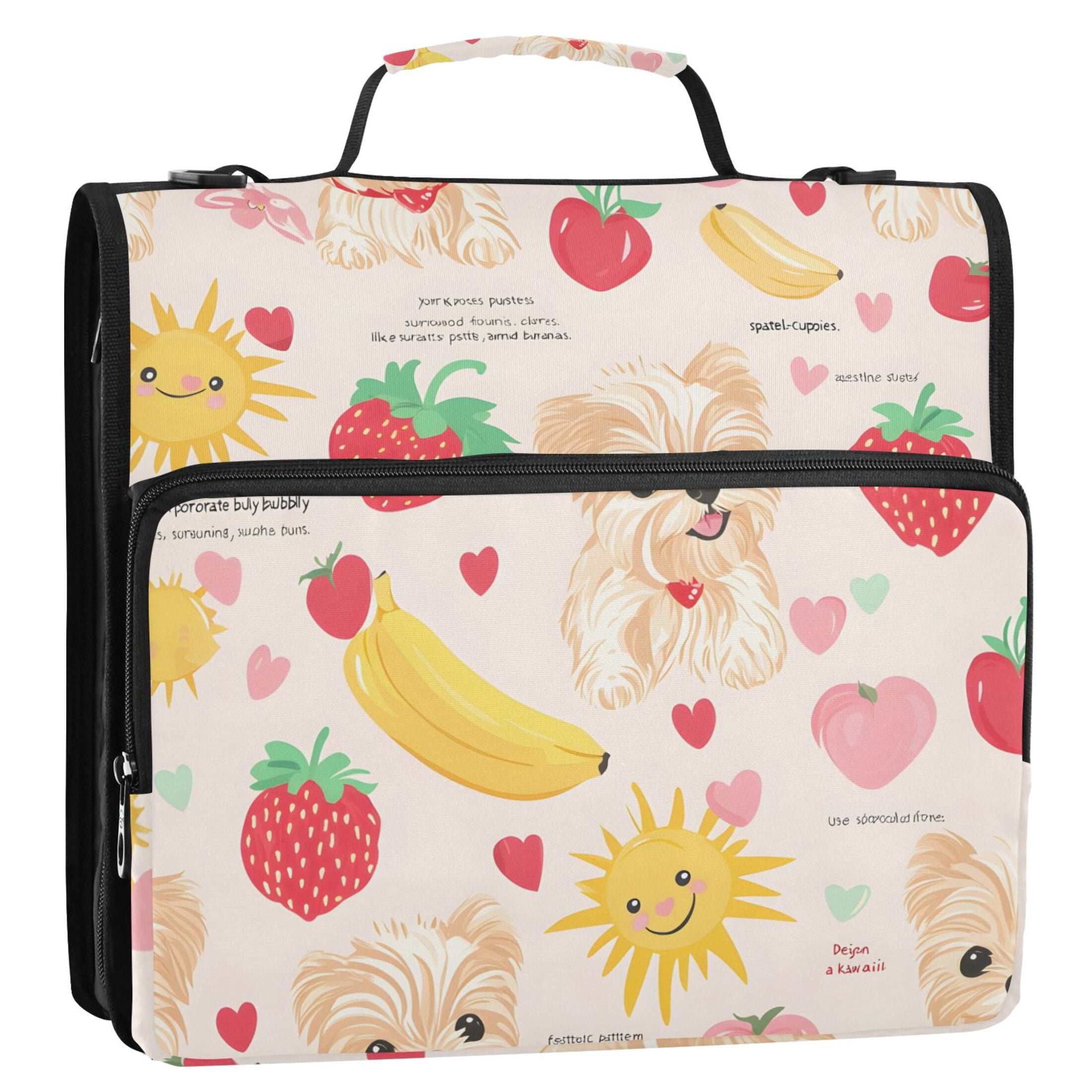 3 Ring Zipper Binder with Shoulder Strap Waterproof Trapper Keeper 2 Inch D-Ring 500 Sheets Capacity Dog Banana Strawberry Sun