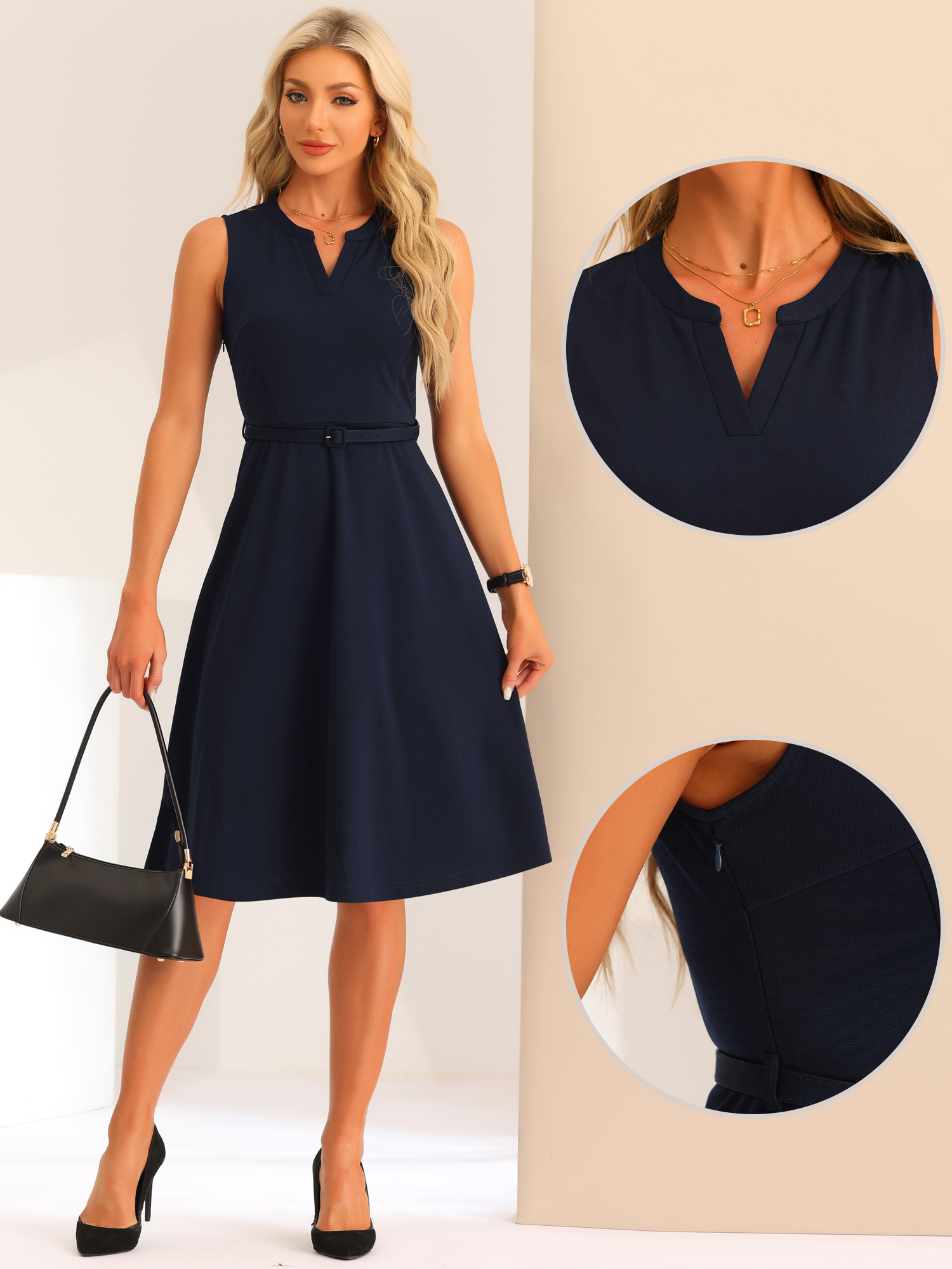 Unique Bargains Women's Belted Waist V Neck Sleeveless Work Dress XL Navy Blue