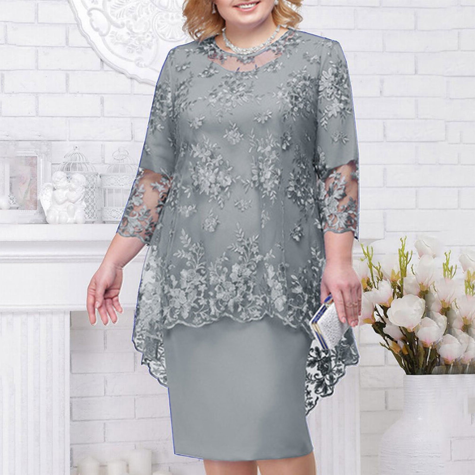 Cathalem Women's Elegant Lace Embroidery Evening Dress Half Sleeve ...
