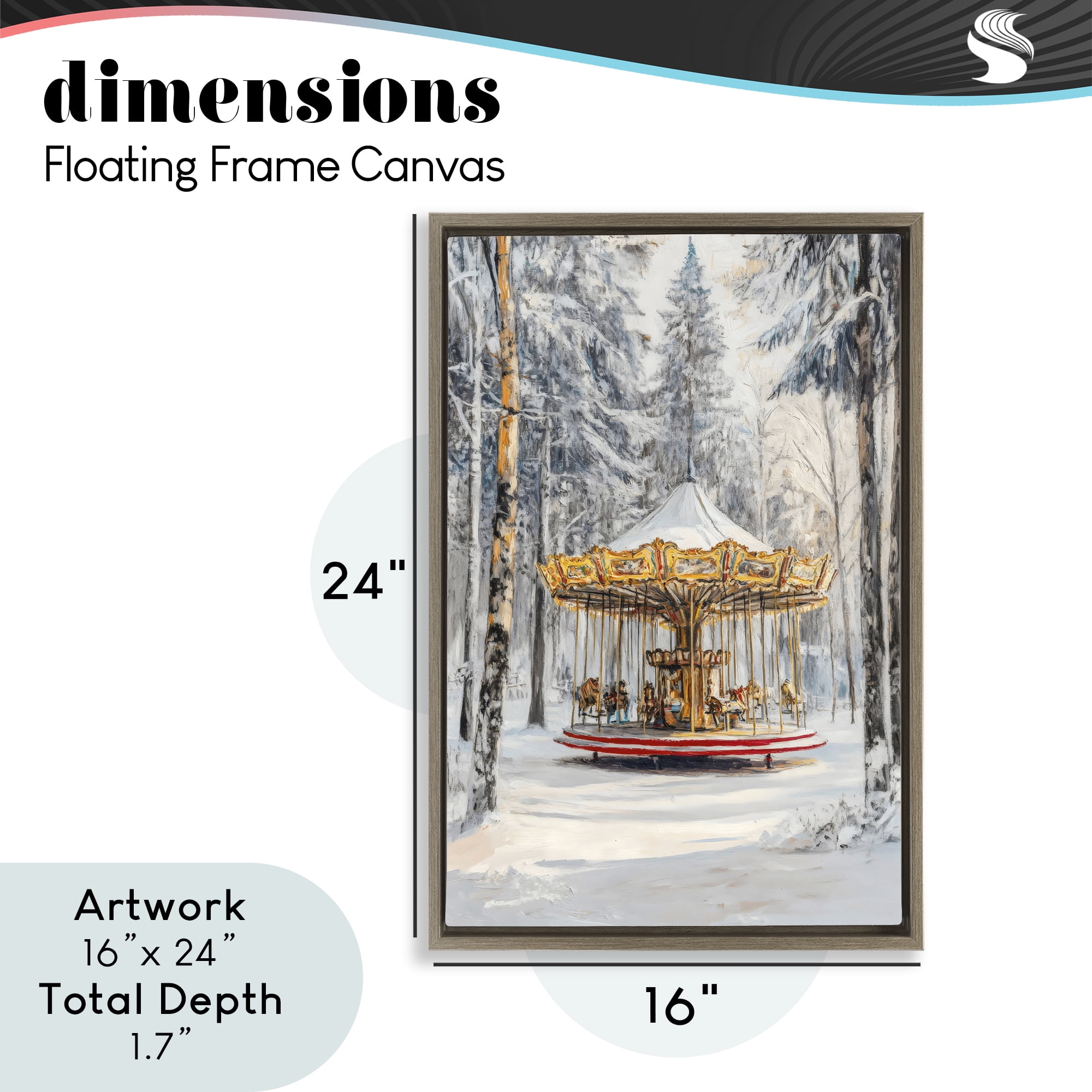 Winter Wonderland Carousel Brown Framed Floater Canvas Wall Art, design by Petal Prints Design