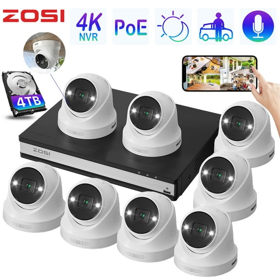 4K PoE Security Camera System with AI Human Detection, ZOSI 16CH 4K 8MP CCTV NVR with 4TB Hard drive, 5MP Outdoor Spotlight Security Camera Two Way Audio, Waterproof, Color Night Vision