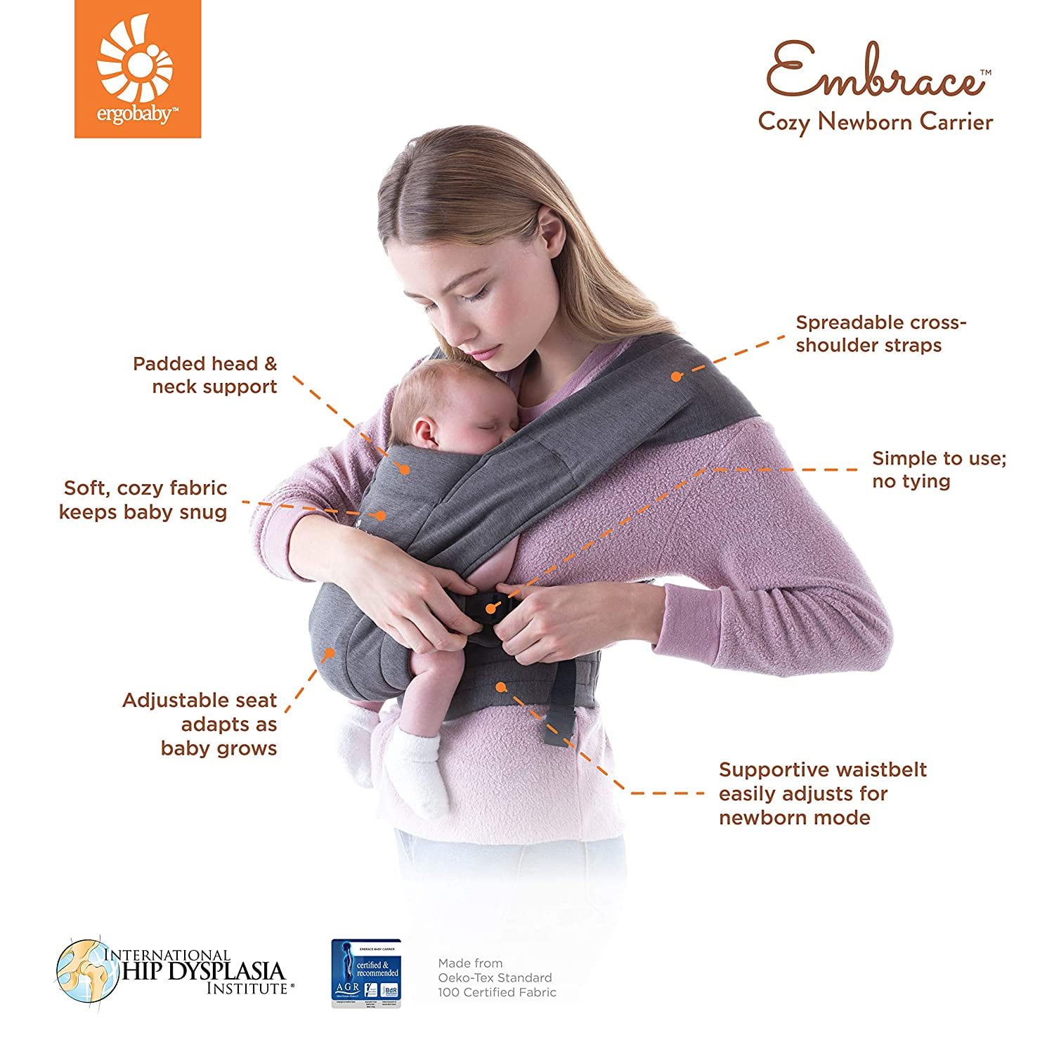 Ergobaby Embrace Cozy Newborn Baby Wrap Carrier Heather Grey 7-25 Pounds