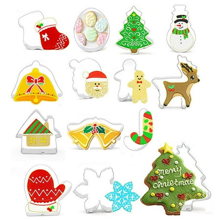 14Pcs Christmas Symbol - Santa Claus Snowman Elk Pine Tree Stainless Steel Cookie Cutters Set Assorted Shapes Candy Biscuit Chocolate Cake