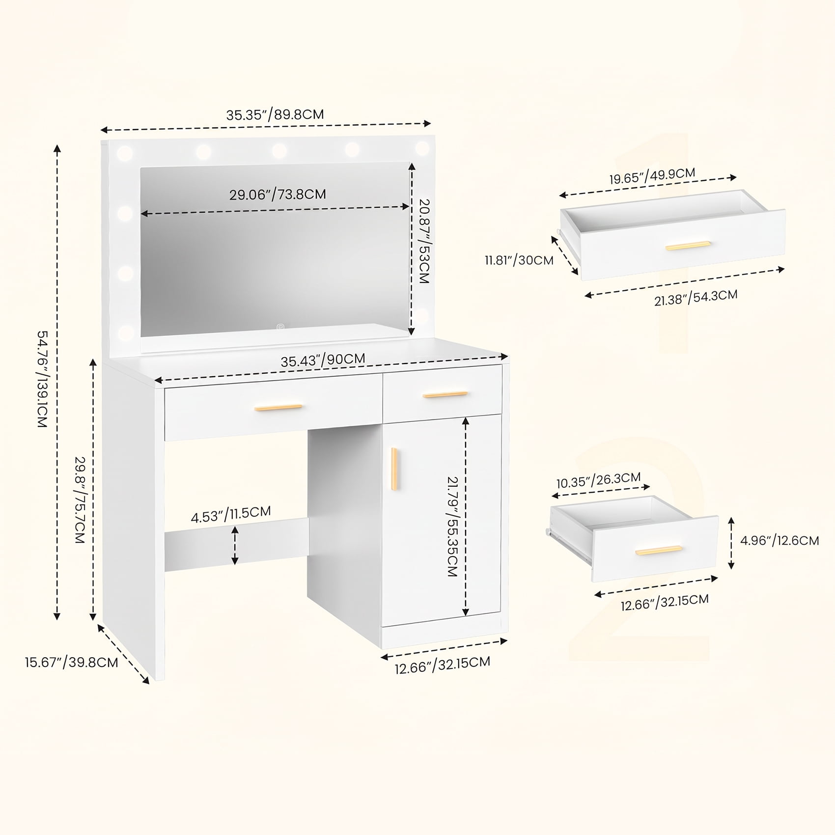 Alvantor 35.4" Makeup Vanity Desk with LED Mirror and Storage Cabinet