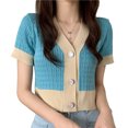 thumbnail image 1 of Blusa corta de punto con frente abierto Bloque de color Suéter de punto de manga corta con cuello en V y un solo pecho para desplazarse Azul Tamaño libre, 1 of 8