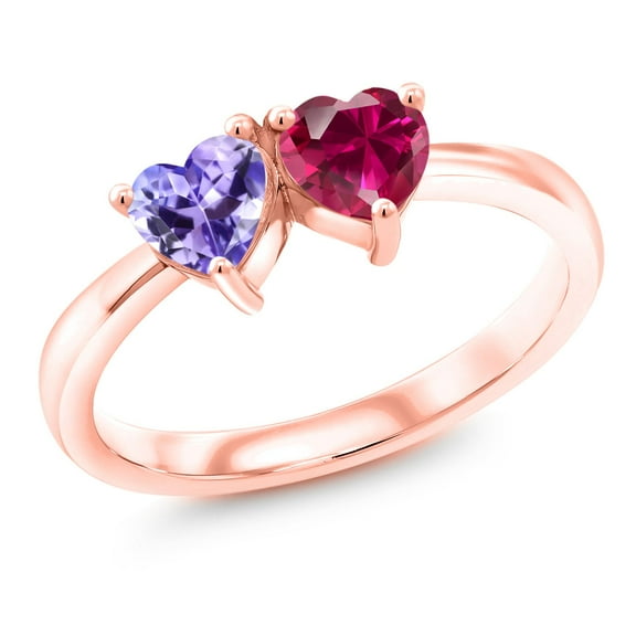 Gem Stone King 1.10 Ct Blue Tanzanite Red Created Ruby 18K Rose Gold Plated Silver Ring (Size 9)