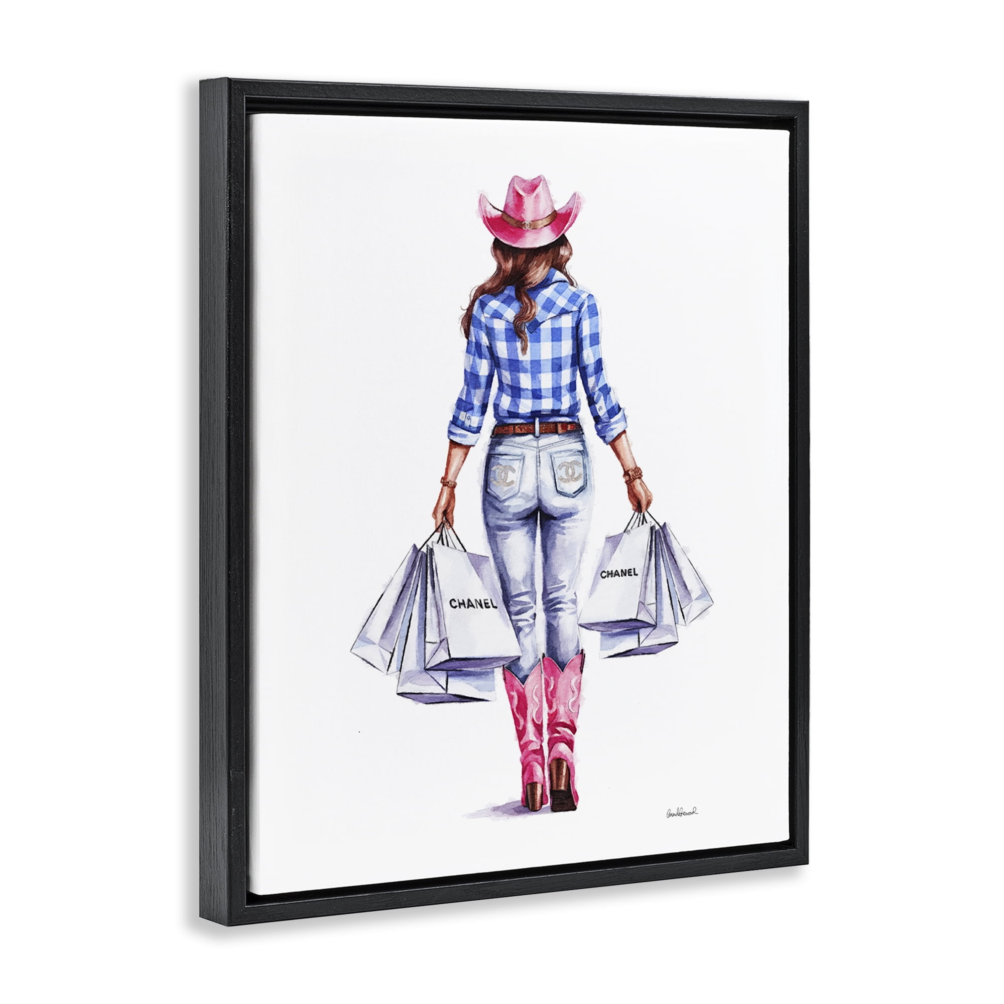 Stupell Industries Cowgirl & Shopping Bags People Painting Black Floater Framed Canvas Art Print Wall Art, 17 x 21
