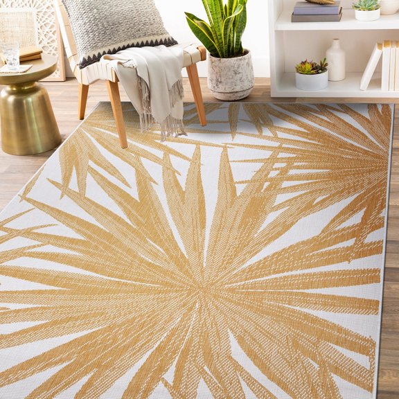 World Rug Gallery Tropical Leaves Nature Inspired Reversible Indoor/Outdoor Area Rug - Yellow 5'x7'
