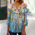 thumbnail image 2 of YUGYXL Womens 3/4 Bell Sleeve Button V-Neck Tunics Casual Lightweight Ruffled Slim Fit Blouse Trendy Floral Print Henley Shirts Comfy Swing Pleated Tops, 2 of 5