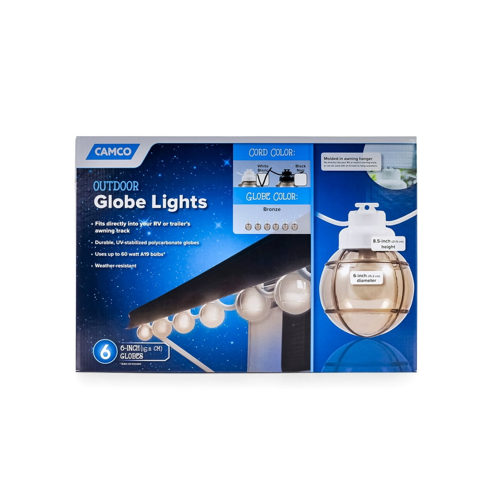Camco Decorative RV Awning Globe Lights 6 Bronze Globes on White Wire