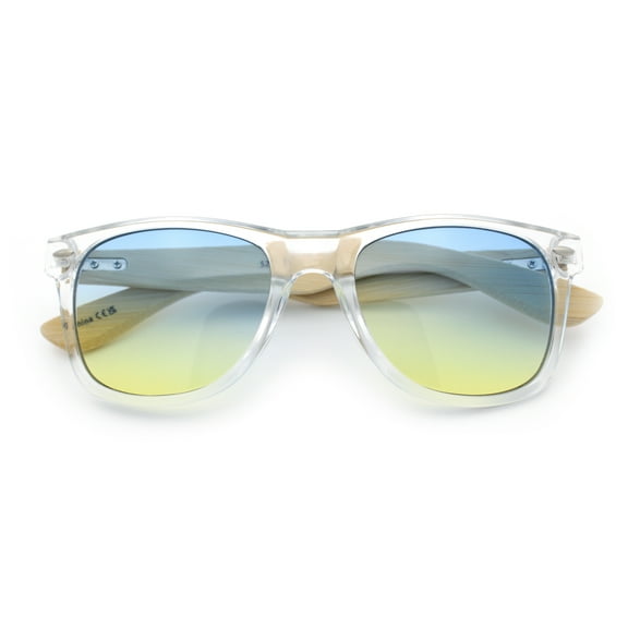 Hipster Bamboo Wood Arm Rectangle Clear Horn Rim Plastic Sunglasses Clear - Blue Yellow